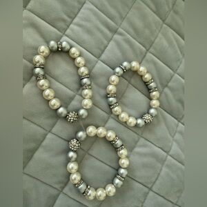 Pearl & Silver Rhinestone Stretch Bracelet Set - Elegant Ivory and Silver